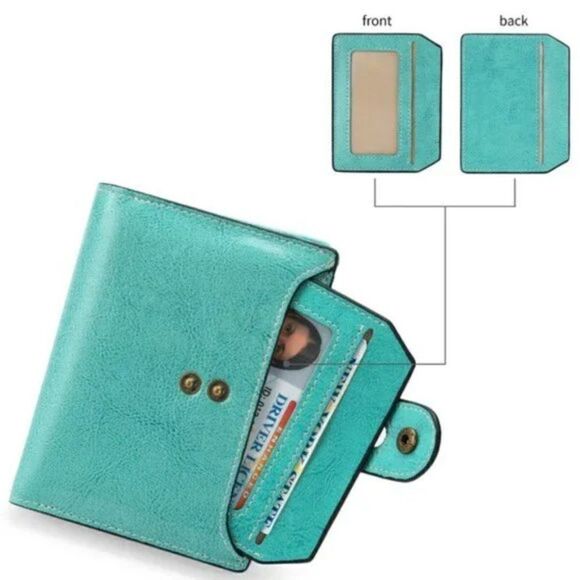 New Small Wallet RFID Blocking Bifold Genuine Leather Turquoise - Picture 3 of 10